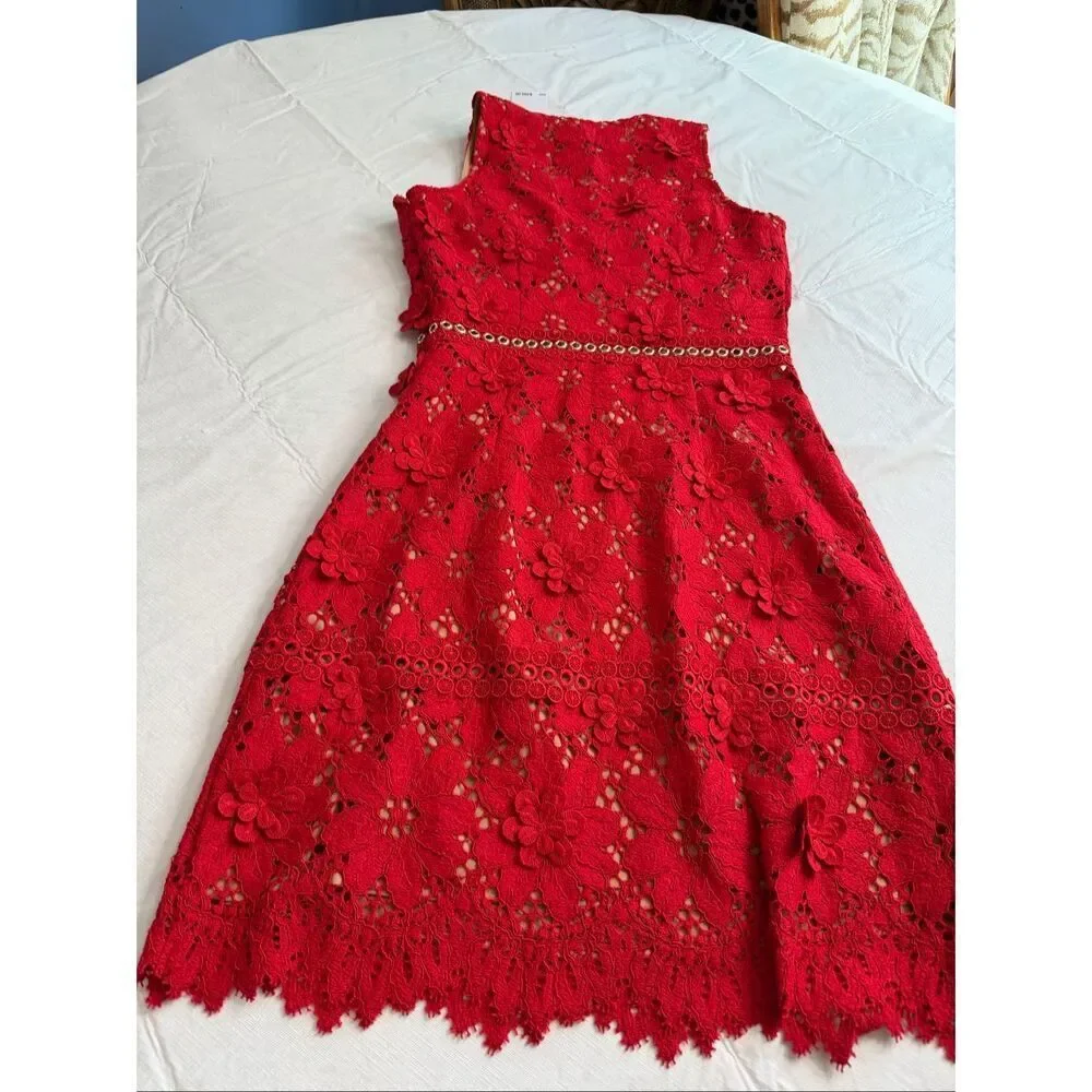 Michael Kors Scarlet Red Floral Appliqué Lace Dress Size 0